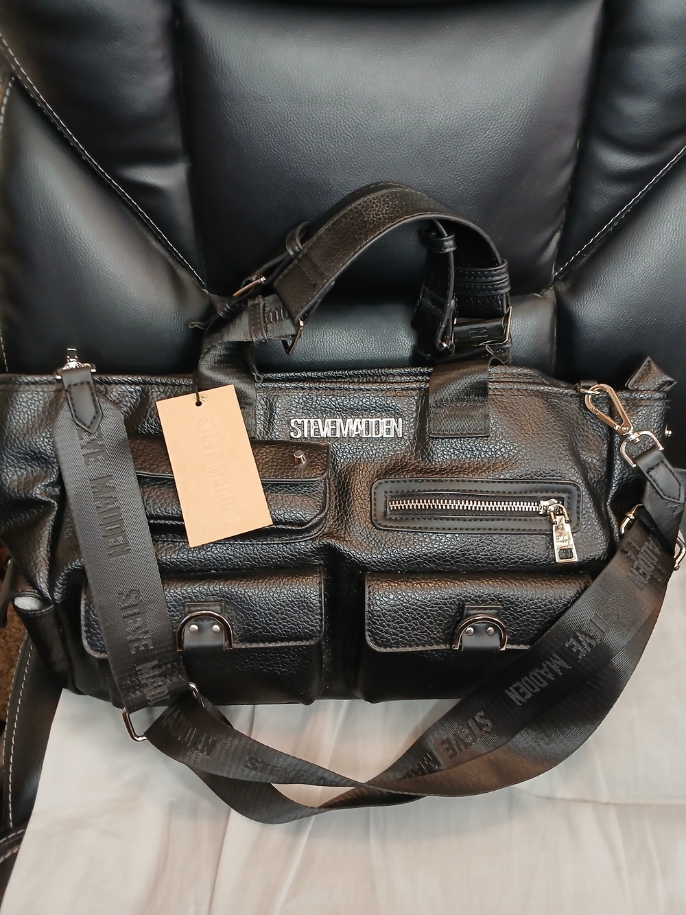 Steve Madden Black Faux Leather BNorman Tote Bag With Detachable Long Strap
